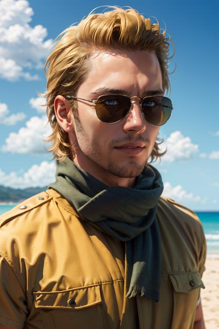 Kazuhira Miller,  blue eyes,  blond hair,  shaved,  wore aviator sunglasses,  green guerrilla outfit,  yellow scarf,  fit body,  handsome,  charming,  alluring,  smile,  intense gaze,  (standing),  (upper body in frame),  costa rica beach location,  sky,  perfect light,  perfect anatomy,  perfect proportions,  perfect perspective,  8k,  HQ,  (best quality:1.2,  hyperrealistic:1.2,  photorealistic:1.2,  madly detailed CG unity 8k wallpaper:1.2,  masterpiece:1.2,  madly detailed photo:1.2),  (hyper-realistic lifelike texture:1.2,  realistic eyes:1.2),  picture-perfect face,  perfect eye pupil,  detailed eyes,  realistic,  HD,  UHD,  front view,<lora:EMS-498-EMS:0.100000>,<lora:EMS-264989-EMS:0.600000>