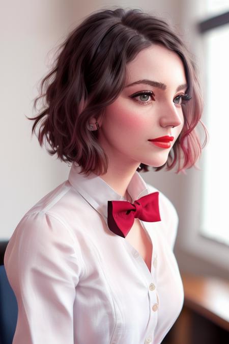 photo of a woman, ellahunt-3029:0.99, ((pale skin)), ((short hair, dark brown hair))((bowtie, white shirt):1.2),((closeup, portrait):1.2),((indoors, office):1.2),,((red lipstick, eyeliner, eye shadow, blush):1.2), ((best quality, masterpiece, extreme details, high resolution):1.2),((detailed eyes, beautiful eyes, detailed face, beautiful face):1.2)