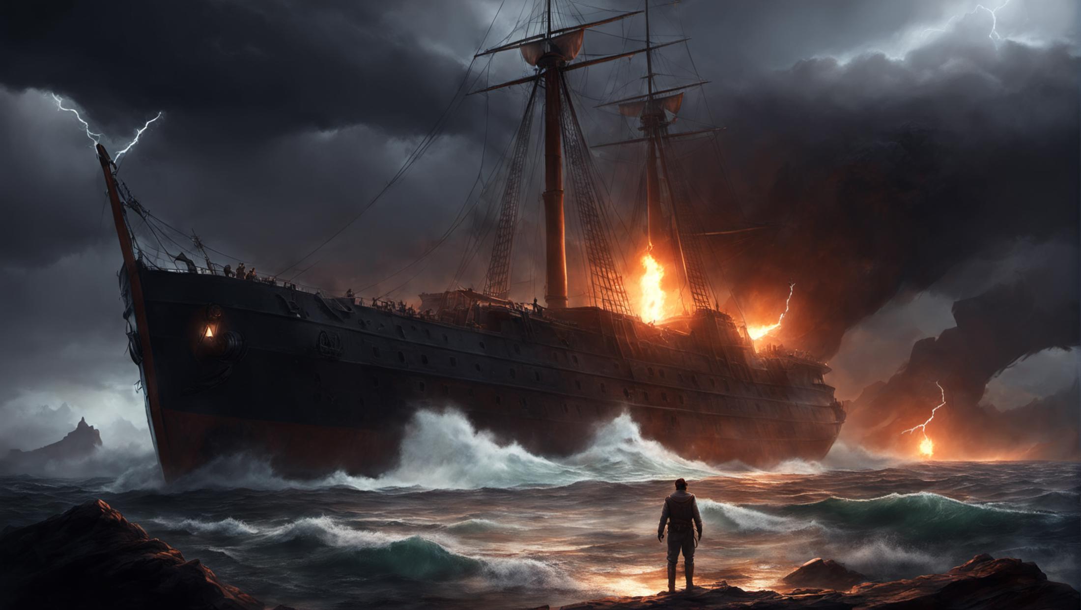 A man standing in the ocean next to a massive ship on fire.