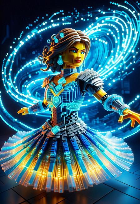 A mesmerizing 3D-rendered female character in a dancing pose made of Legos, her skirt made of ethereal glowing fabric that sways with her movements,The design features intricate, bioluminescent embroidery and layered digital effects. Her top includes elegant armor plates with neon lines. The futuristic background glows with dazzling lights. vibrant, photograph, picture, high quality, detailed, realistic