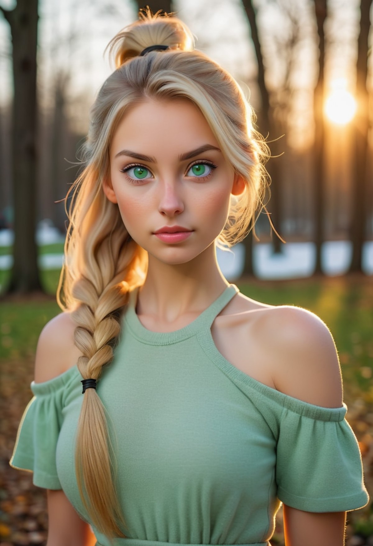 large format photo of a beautiful European girl, 27 years old, natural green eyes,  blonde,  ponytail long hair,  with sma...