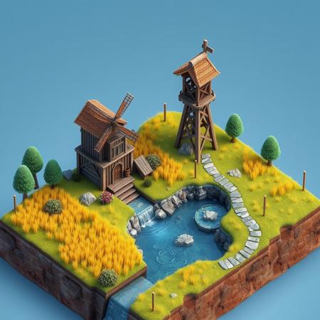 3D realistic, isometric mini world,  video game map, river, watermill, wooden watch tower, wheat field, stone pathway, clouds