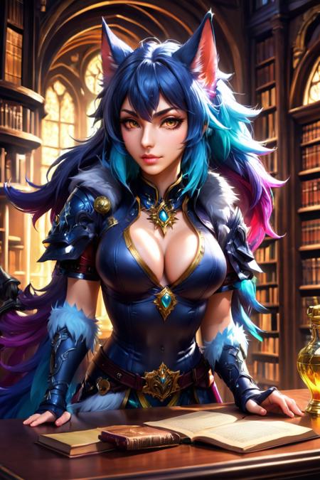 anime artwork ((best quality)) , ((masterpiece)) , (detailed) Female, [Worgen in a bottle], on a desk, highly detailed skin, looking at the viewer, fantasy art, stunning gradient colors, background of a library, no watermark signature, closed mouth, insanely detailed, ((masterpiece)) , absurdres, HDR,  <lora:FFai.0003.4Guofeng4xl_V1125d.loraa:1> . anime style, key visual, vibrant, studio anime,  highly detailed