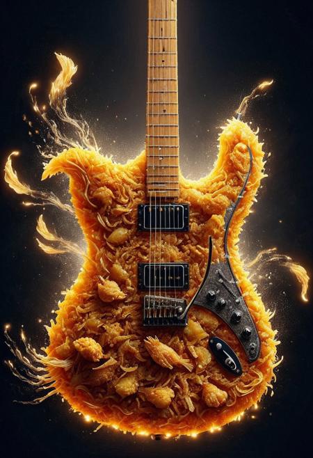 DFC, (fine texture, masterpiece, ultra-detailed, very aesthetic, absurdres, volumetric lighting, scenery), BREAK,
A guitar shaped like a golden fried fish wails under stage lights, its noodle strings vibrating over a crispy potato-chip fretboard.