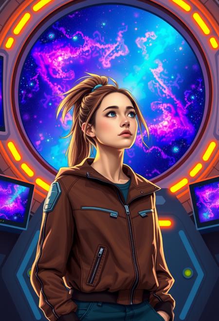 The image shows a young woman standing in a futuristic space station. She is wearing a brown jacket with a futuristic design on it and has her hair tied up in a high ponytail. The woman is looking up towards the sky with a thoughtful expression on her face. In the background, there is a large circular window with a blue and purple nebula-like pattern. The window is surrounded by orange and blue lights, and there are several screens on either side of the window. The overall mood of the image is calm and contemplative.

In the style of kilian eng,  vibrant colours, Hyper detailed, realisic digital painting, illustration, neo surrealism, chris saunders. neon outline, dmt trip. Detailed ink lines.