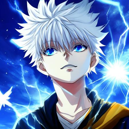 <lora:killua_zoldyck:0.65> 1boy ,killua_zoldyck, solo, lightening, blue sky, magic, powerful,