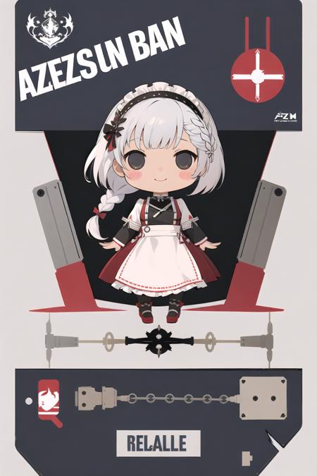 assembly, 1girl, belfast (azur lane), solo, turret, white hair, smile, chibi, long hair, chain, apron, maid headdress, broken chain, braid <lora:arkblock:1>