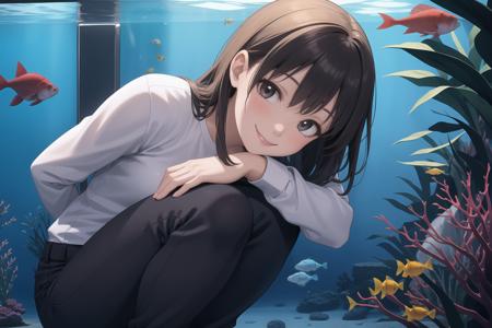 masterpiece, best quality,1girl,long sleeved shirt,pants,aquarium,up close,arms behind back,on knees,smile