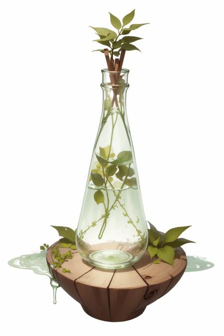 MagicItem_v1 <lora:MagicItem_v1-000002:0.7> white background, calm ((green liquid)), nature motif, healthy, small glass vial, glass leaf, wood, spring, string tied around bottle neck, long fluted neck flask