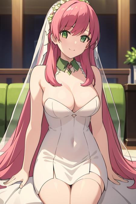 (masterpiece, best quality, hi-res:1.2),1girl, solo, long hair,(wedding dress),green eyes, medium breasts, , pink hair, smile, looking at viewer, <lora:nigelanLORA-000003:0.7>