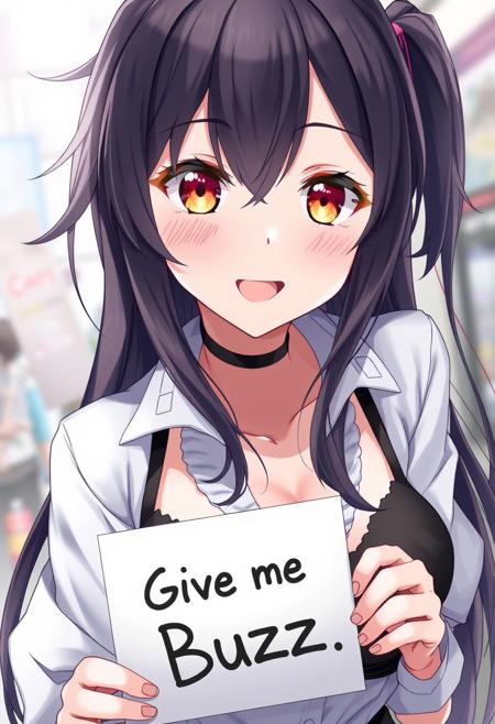 score_4,score_5,score_6,score_7_up,score_8_up,score_9 ((masterpiece,best quality,ultra detailed,highres,HD,4k:1.2)), 
1 girl,solo,face focus,
 1 cute girl,solo, Mizuki,1 girl,solo,black hair,long hair,orange eyes,large breast,white shirt, black bra, bra showing through shirt,
(("Give me Buzz.",Beggars Borad,Holding a sign, holding a sign that says, "Give me Buzz."))
looking at viewer,open mouth,blush,happy,smile,cheerful,