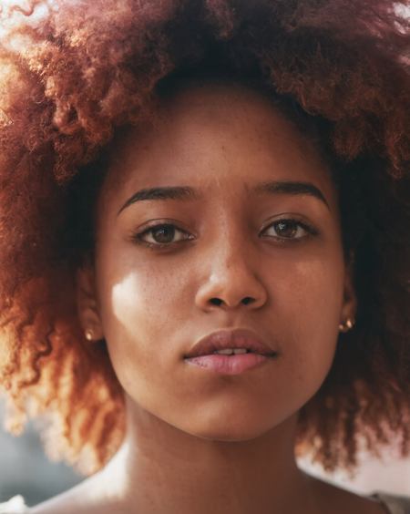 close-up portrait photo, 22 years old Ebony girl, stunning amber eyes, sharp jawline, detailed skin, curly afro pink hair, natural harsh lighting, the sunlight hits small part of her body, high contrast, Fujicolor Pro 400H, 35mm film, moody, film grain, grainy, film still
