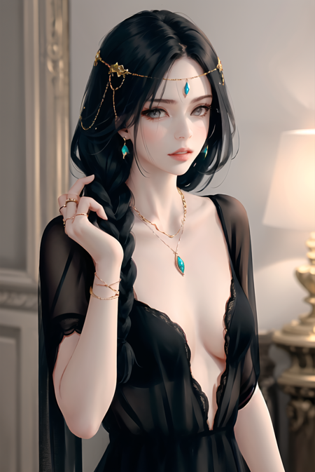 wlop, 1girl, black dress, black hair, blurry, blurry background, braid, breasts, circlet, dress, gem, ghostblade, grey eyes, highres, jewelry, lips, long hair, necklace, princess aeolian, ring, small breasts, solo , ((masterpiece)) <lora:wlop_offset:1>