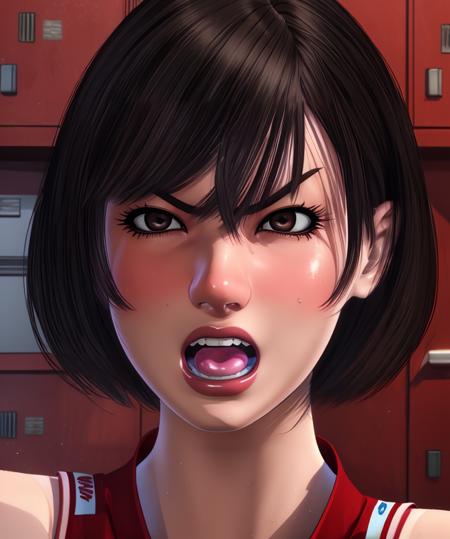 kaori,black hair,brown eyes,short hair,serious, open mouth,  teeth, 
volleyball uniform, 
locker room,dim lighting,
(insanely detailed, beautiful detailed face, masterpiece, best quality),solo,<lora:Maika:0.8>,