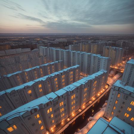 russian panel houses, top view, cold light, depressive, reflection, hdr, rtx, masterpiece, best quality, ultra-detailed, 8k, photorealistic,  <lora:russian_panel_houses_v1_fp16:1>