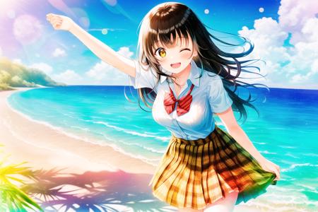 1girl,outdoors,solo,shirt,long hair,one eye closed,smile,yellow skirt,plaid,colorful shirt,open mouth,golden eyes,black hair,plaid skirt,collared shirt,ocean,beach,day,bow,short sleeves,sky,cloud,;d,school uniform,bowtie,blush,standing,looking at viewer,pleated skirt,bangs,blue sky,arm up,red bow,water,colorful bowtie,breasts,plaid bowtie,plaid bow,summer,dress shirt,leaning forward,palm tree,medium breasts