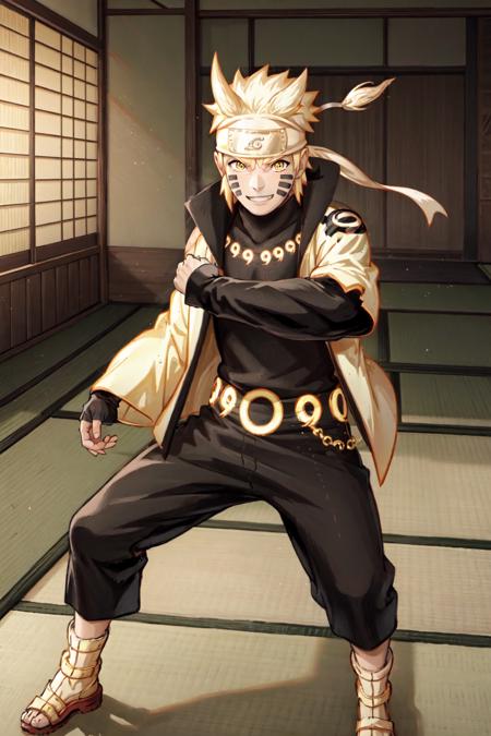 <lora:Naruto_SixPaths:0.95>, Naruto, 1boy, black bodysuit, tomoe \(symbol\), yellow eyes, symbol-shape pupils, gold hair, headband, golden jacket, facial mark, high collar, fingerless gloves, indoors, dojo, tatami, fighting stance, grin, power aura, red aura, glowing, fire aura, full body, gold sandals