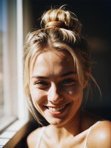 analog photography portrait with happy shy smile, sexy self portrait, film grain, messy blonde bun, cinematic side light, fine shadows, half body shot