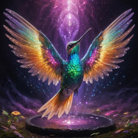 Concept: Universal Morph Bird, Shapeshifting Hummingbird, Stellar Bird, Magical Feathered Creature, Rainbow Bird.
Creature: tiny bird, hummingbird-like, iridescent, constantly changing colors, shimmering, glowing feathers, fluid form, ethereal, cute, graceful, dynamic flight, sparkling.
Body Details: transforming plumage (velvet, crystal, holographic), pulsating light, vibrant rainbow hues, translucent wings, energy veins on wings, glowing eyes, delicate features.
Effects: light trails, dissolving/reforming particles, glowing aura, refractive light, magical shimmer, ethereal mist, melodic sounds (implied), dynamic motion blur.
Colors/Hues: vibrant, shifting spectrum of colors; rich jewel tones (emerald, sapphire, ruby, amethyst) combined with soft pastels and bright whites/golds for glow.
Background: fantastical flower garden, glowing waterfall, mystical forest, ethereal sky, blurred motion.
Style: fantasy art, cute creature design, magical realism, highly detailed, vibrant, whimsical, dreamy, cinematic, PG-rated.