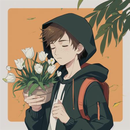 Slight retro color, flat, grainy, riso print style, illustration, cute, white space, low saturation, 1boy, backpack, bamboo, black eyes, border, bouquet, branch, brown hair, closed eyes, flower, flower pot, freckles, holding, holding bouquet, hood, hood down, hoodie, jacket, leaf, lily \(flower\), long sleeves, male focus, orange background, palm tree, plant, potted plant, shirt, short hair, solo, tan background, tanabata, tanzaku, tulip, upper body, vines, white border, white flower, yellow background, solo, blush, short hair, bangs, simple background, brown hair, shirt, long sleeves, 1boy, holding, jacket, closed eyes, upper body, male focus, hood, bag, leaf, border, backpack, hood down, plant, red shirt, white border, freckles, potted plant, orange shirt