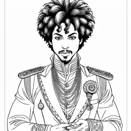 a beautiful drawing of  Prince ,  highest quality, art by coloring-book-style, ((white background)), b&w