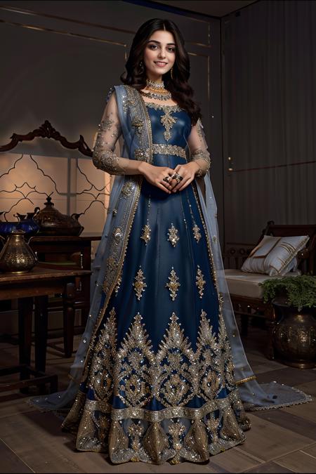 xyzsanbridaldress, (highly detailed:1.3), 34 y.o Pakistani Model Maya Ali, slim, solo, (full body:1.3), vail, nice hands, perfect hands, _embroidery15_, royal blue bridal dress Ultra-detail, (highres:1.1), best quality, (masterpiece:1.3), bright cinematic lighting, (highly detailed face and eyes:1.3), <lora:xyzsanbridaldress:1>