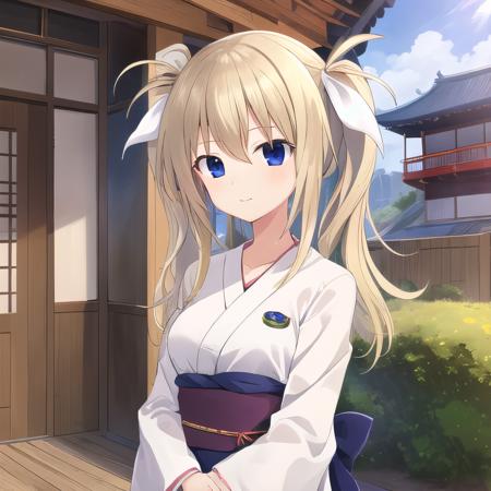 best quality, masterpiece, ultra-detailed, best quality, 1 girl, Arimura,  blonde hair, blue eyes, hair ribbon, white ribbon, deep blue yukata, outdoors, asian architecture