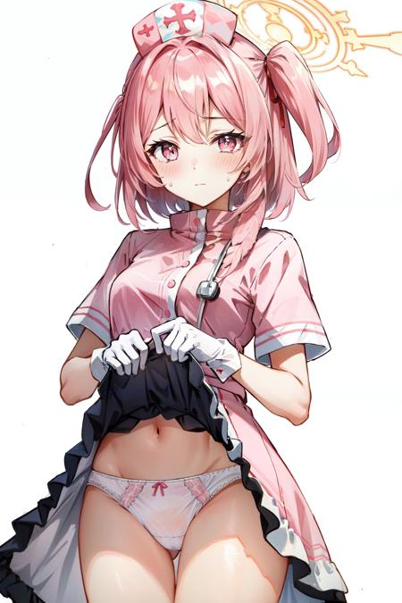 serina(blue archive), halo, pink hair, medium hair, panties, blush, white background, nurse cap, short sleeves, one side up, gloves, closed mouth, pink eyes, solo, white gloves, hat, dress, sweatdrop, looking at viewer, 1girl, nurse, dress lift, simple background, pink dress, clothes lift, underwear, skirt lift, white panties, lifted by self 