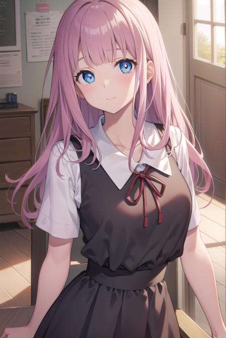 chikafujiwara, <lora:chikafujiwaratest:1>,
chika fujiwara, black bow, blue eyes, blunt bangs, hair bow, long hair, pink hair,
BREAK black dress, dress, pinafore dress, school uniform, shirt, short sleeves, shuuchiin academy school uniform, white shirt,
BREAK looking at viewer,
BREAK indoors, classroom,
BREAK <lora:GoodHands-vanilla:1>, (masterpiece:1.2), best quality, high resolution, unity 8k wallpaper, (illustration:0.8), (beautiful detailed eyes:1.6), extremely detailed face, perfect lighting, extremely detailed CG, (perfect hands, perfect anatomy),