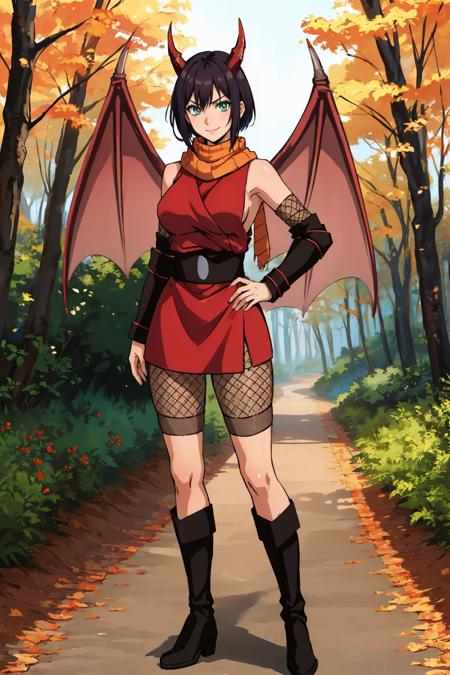 masterpiece, best quality, <lora:souka-nvwls-v1-000009:0.9>  souka, orange scarf, red dress, sash, vambraces, fishnet shorts, looking at viewer, large breasts, serious, dragon horns, dragon wings, standing, boots, hands to hips, smile, autumn, forest