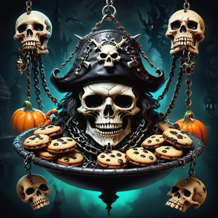 ((realistic,digital art)), (hyper detailed),h4l0w3n5l0w5tyl3DonMD4rk Demonic Witchy Pirate Sinister Laboratory Halloween-themed Cookies Faux Chains Grinning Skull Haunted Chandeliers Goblins Horror Movie Marathons,   <lora:h4l0w3n5l0w5tyl3DonMD4rk-XLv1:1>