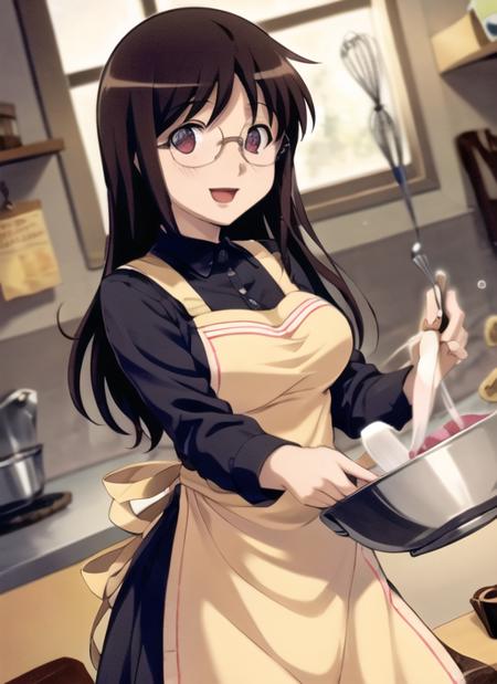 <lora:MiyanoMayu:0.7> MiyanoMayu, 1girl, solo, smile, open mouth, food, glasses, apron, sleeves rolled up, bowl, chocolate, cookie, cooking, whisk, checkerboard cookie, mixing bowl