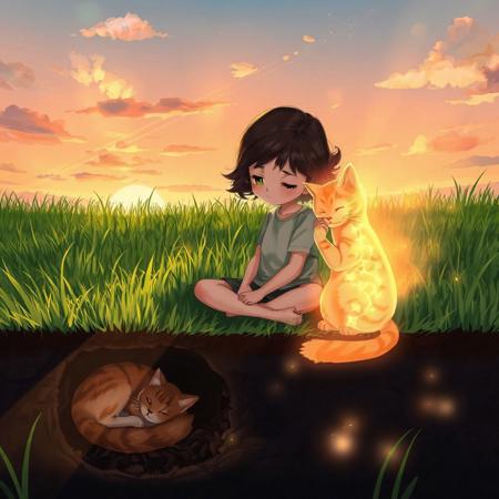 A heartfelt, semi-realistic digital illustration of a young girl sitting cross-legged on the ground in a lush, verdant grassy field under a serene, golden-hour sky with hues of amber and soft pink, her head in her hands, eyes closed, with a gentle, melancholic expression and subtle tears glistening, reflecting quiet sorrow and love. Below the surface, a deeper, darker cutaway view reveals a beloved cat, curled up peacefully in rich, shadowy soil, surrounded by deep earth tones of dark umber and black, with thick roots weaving densely around it, symbolizing eternal rest. Next to the girl, the glowing, ethereal spirit of the same cat sits upright, its translucent form radiating a warm, golden light that shimmers like fireflies, lovingly rubbing its head against the girl's shoulder in a tender, comforting gesture, with soft, defined fur patterns glowing faintly. The scene is enveloped in a dreamy, nostalgic atmosphere, with delicate light rays filtering through scattered clouds, casting a gentle glow on the grass and the girl's serene face. The artwork features vibrant yet tender colors, with intricate textures in the grass blades, soil layers, and the cat's fur, emphasizing a profound emotional connection between the girl and the cat's spirit, evoking themes of love, loss, and enduring memory.