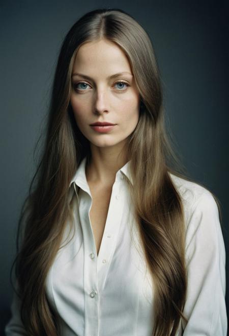 Extremely beautiful woman,very long hair, masterpiece, 1960s style portrait photograph by Annie Leibovitz, Rolleiflex medium format tlr