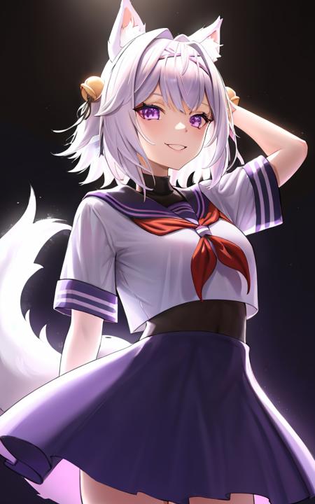 dramatic lighting, colorful, bloom, 1girl, solo, purple eyes, white hair, short hair, animal ears, hair bell, hairband, school uniform, short sleeves, blue skirt, tail, smile, arms behind back, looking at viewer, contrapposto