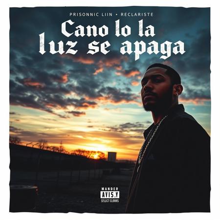 rock album cover for a melancholic rock about prison life, prison yard, dramatic sunset, view from below, rapper looking determined, album title "Cuando la luz se apaga"