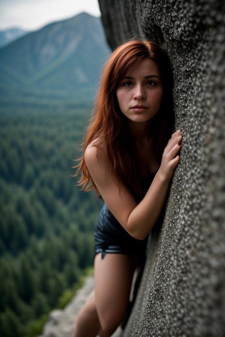 hdr, a redhead woman, climbing on mountains, closeup, intricate details, hyperdetailed, cinematic, dark shot, muted colors, film grainy, soothing tones, muted colors, technicolor, (muddy:0.6)
