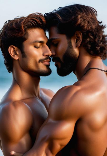 Two Indian men in an intimate embrace, their bodies intertwined in a passionate display of affection. The scene is bathed in warm, soft light that casts a glow over their tan skin, emphasizing the muscles and curves of their bodies. The man on the left has long, wavy auburn hair that falls across his shoulder and onto the other man's chest, while the man on the right has short, dark curls that frame his face. Their eyes are closed, lips parted, and expressions serene as they lose themselves in the moment. The man on the left has a slender build with defined abs and a hint of a trail of hair leading down to his groin. The man on the right is slightly taller and more muscular, his arms wrapped tightly around his partner. The background is blurred, adding to the sense of intimacy and focus on the tender embrace between the two gay men.
