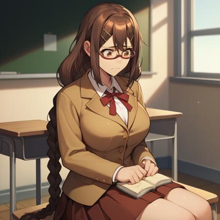 RettouChitose, large breasts, brown eyes, brown hair, long hair, braid, twin braids, hair ornament, hairclip, glasses, semi-rimless eyewear school uniform, jacket, skirt