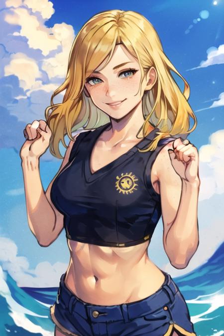 (best quality, masterpiece1.2), (detailed eye:1.2), intricate detail, depth of field, 1girl, standing, crop top, shorts, waves, blonde, long hair, smile, happy, sun, cloud, freckles, paw pose, <lora:Hungry Clicker Style:0.7>