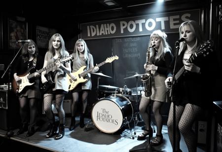 "The Idaho Potatoes", An all female 'New Wave band from Boise Idaho, Aoife on Guitar, Brigid on Drums, E.M. on Keyboards, Gwyneth on Saxophone, all dressed in old potato sacks and fishnet stockings, They are performing on stage in a small smoke filled pub in Birmingham England, somehow a 'producer' had seduced E.M. and left her pregnant-then abandoned them after he took all their money and left them in the middle of a Birmingham street, They hope to make it big in the coming decade (the 1980's), but Gwyneth is doubtful and is thinking about leaving the band,
