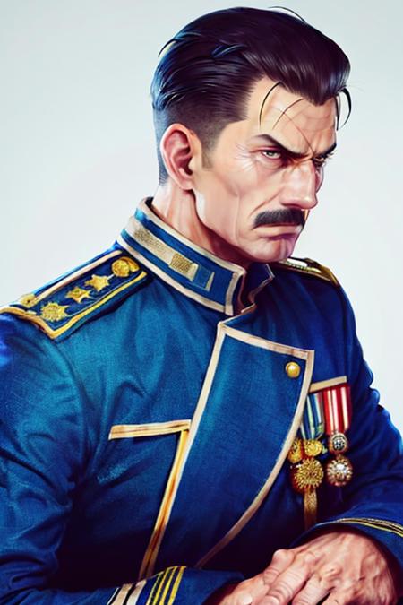 1boy, slick back hair, old,<lora:Chara_king_bradley:0.9>, (upper body:1.3), military uniform, blue coat,in the office