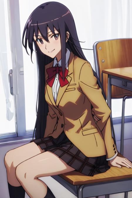 best quality, masterpiece, highres, solo, {amakusa_shino_seitokaiyakuindomo:1.15}, long_hair, black_hair, brown_eyes, bow, 1girl, blazer, book, jacket, school_uniform, black_eyes, smile