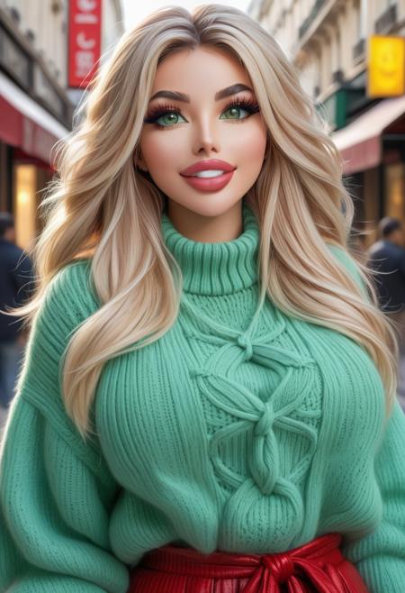(Style-DoF:1.7),
<lora:LaDy_Bloom:1.0>,
bmbplora, 
CYBR-XL,
<lora:bmbploraxl6-000008:0.65>,
<lora:BimbolipsV4-000003:0.8>,
<lyco:biglips-v2:1>,
((big lips):1.2),
(((full body photograph))),
large iridescent electrical bright eyes,
((ultra detailed, highly detailed):1.4), (best quality), (full body), woman, (Caucasian ethnicity beautiful woman), ((fluffy clothes):1.7), ((fluffy sweater):1.7), (beautiful women:2.5), (((porcelain color skin))), (photorealistic:1.8) (bokeh:1.3) (intricate details) (cinematic lighting) (sharp focus) ((Full body photograph):1.8). 
Long very voluminous brown hair. (Ultra furry:1.8)(fur trimmed) sweater. ((Ribbed sweater knit with a large loop):1.8). 
bmbplora. Bimbo makeup. Bold (long eyeliner:1.9). (Long fluffy lashes:1.5). (smaragd green color eyes:1.4) and (red glossy and shiny lips:1.9), big lips, bimbolips, (huge lips:1.8), enormous lips, parted lips. Smiling and showing ((super white)) ((perfect arranged teeth):1.5). (Big boobs:1.4). (Long boots) (fur trimmed). Thai and Caucasian beautiful women stay on the middle of Paris street.