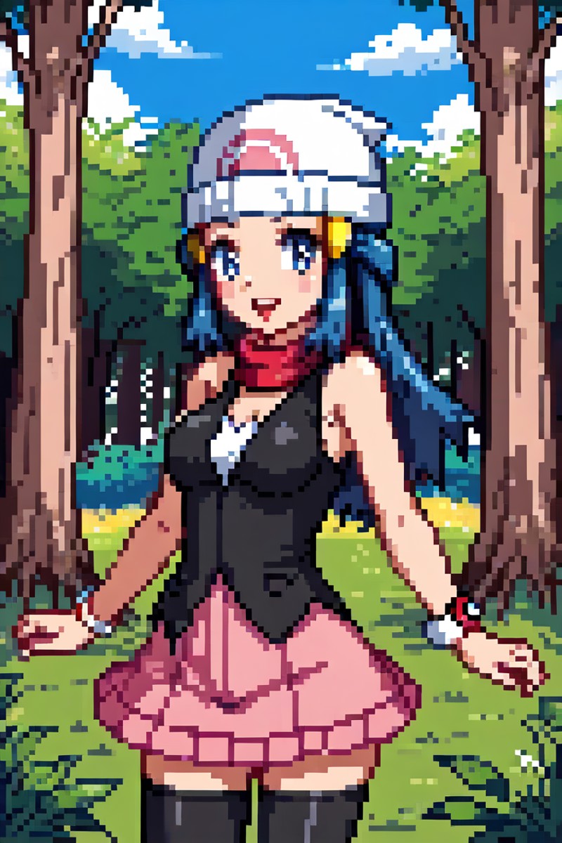 dawn (pokemon), 1girl, solo, wearing hat, outdoors <lora:Pixel_Art_Pony:1>