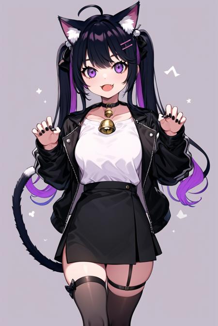 <lora:yuu:1>1girl, solo, thighhighs, twintails, ahoge, tail, skirt, shirt, bell, jacket, bow, smile, hairclip, tongue, collar, :d, bangs, choker, fang, standing, animal ears, cat ears, long hair, multicolored hair, grey background, black thighhighs, purple hair, simple background, purple eyes, hair ornament, black hair, looking at viewer, black nails, very long hair, cat tail, open mouth, claw pose, white shirt, animal ear fluff, cat girl, black jacket, neck bell, black bow, nail polish, black skirt, open clothes, high-waist skirt, long sleeves, open jacket, tongue out, two-tone hair, hair bow, jingle bell, zettai ryouiki, v-shaped eyebrows, thigh strap