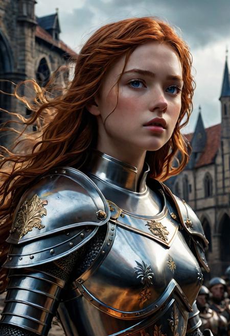 High resolution ultra-realistic of Beautiful Warrior Sadie Sink as Joan of Arc, 8k, capturing the intensity of the moment, cinematic lighting, standing on a bloody and stormy battlefield in bloody battle, wavy red hair, realistic dirty pale face, realistic blue eyes,  beautiful hourglass figure, burning in a medieval Town, intricately designed iron and silver armor, Dark Ages Aesthetic, perfect athletic figure, beautiful Warrior Joan of Arc, fire, ultra realistic, cinematic style, vigorous and seductive, athletic figure, dark fantasy, dramatic lighting, wet and sweaty skin, dirty skin, athletic figure, dark fantasy, dramatic lighting, Greg Rutkowski style,, Warrior Joan of Arc on in iron armor, hyper-detailed, hyper-realistic, bright colours, Attractive 21 old years girl, Attractive, beautiful firm Breasts, sharp focus, digital painting, Photograph Taken on Nikon D750, Alphonse Mucha, 8K, athletic figure, Hyperdetailed, hyperrealism, Attractive, Attractive bust girl, asymmetric balance