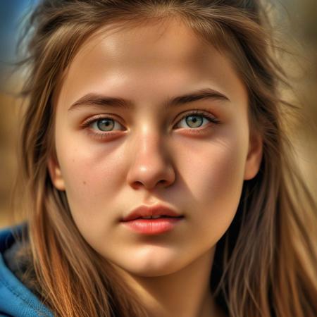 Produce a stunning, hyper-realistic High Dynamic Range (HDR) image of a young woman that captivates viewers with its lifelike quality and breathtaking detail. The image should showcase the subject's youthful features, vibrant personality, and natural beauty in a manner that feels almost tangible. Ensure the HDR processing enhances the depth and richness of colors, textures, and contrasts, resulting in an image that is visually striking and evokes a sense of awe and wonder.