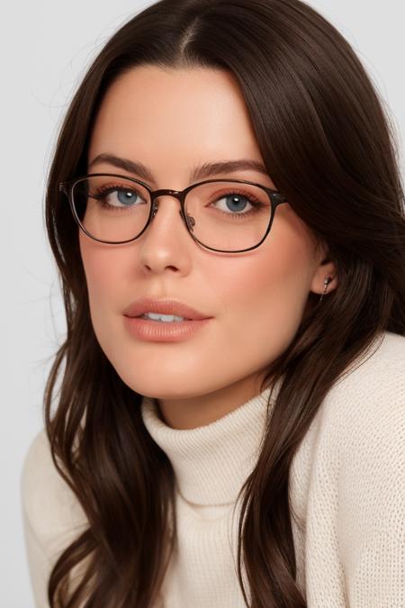 portrait photo, natural woman,natural body, high quality photo, perfect details and textures, highly detailed front view, perfect lighting, <lora:xxadritor-07:1> xxadritor with glasses and a white turtleneck