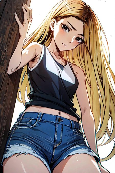 masterpiece, high quality cg, anime, illustration, best quality, 1girl, bound, bondage, beautiful face, detailed face, cowboy shot, Han Jia, 1girl, solo, long hair, blonde hair, simple background, shirt, white background, bare shoulders, brown eyes, collarbone, white shirt, short shorts, sleeveless, tank top, very small breast, bare legs, <lora:HanJia:.9>